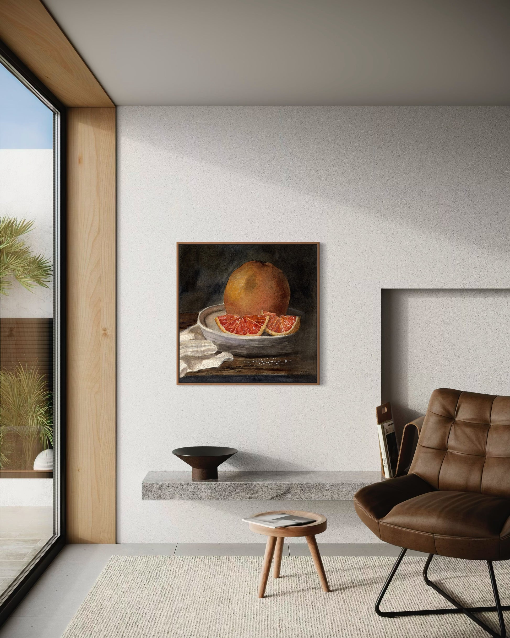 Framed art print of still life oranges on a plate. By Adi Radai. 