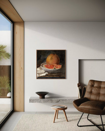 Framed art print of still life oranges on a plate. By Adi Radai. 