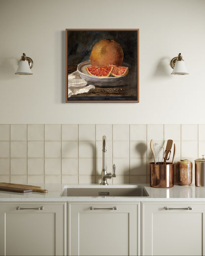 Framed art print of still life oranges on a plate. By Adi Radai. 