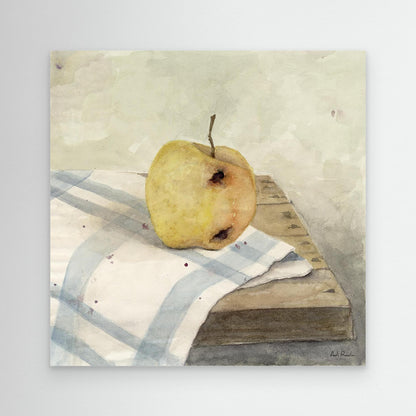 Framed art print of an apple on a table map, still life. By Adi Radai