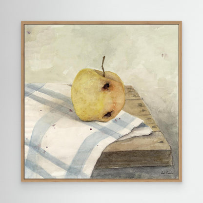 Framed art print of an apple on a table map, still life. By Adi Radai