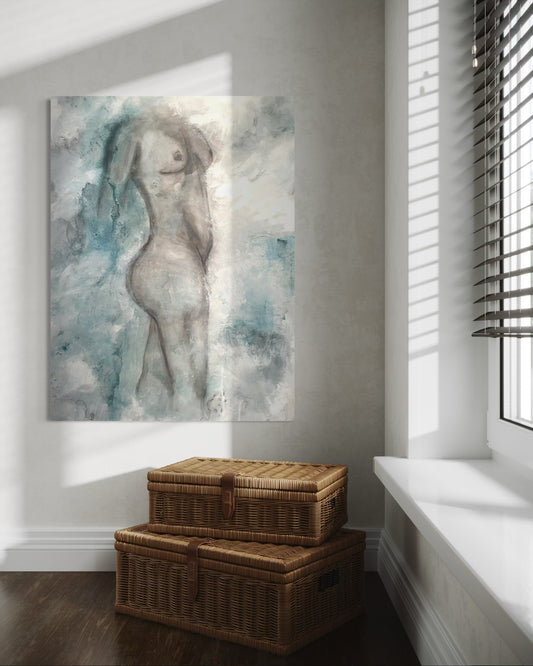 Nude painting of a women underwater, abstract background. By Adi Radai