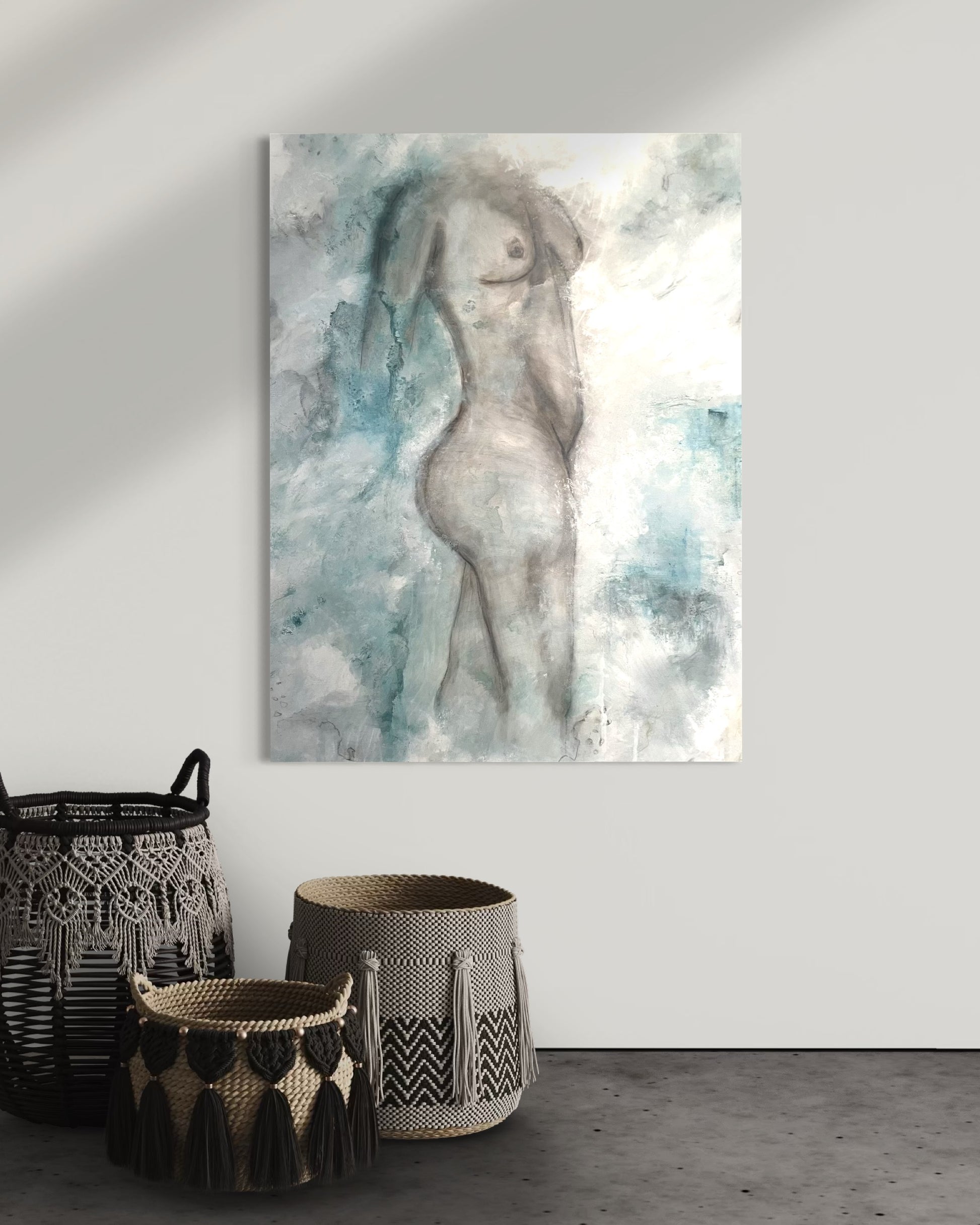 Nude painting of a women underwater, abstract background. By Adi Radai