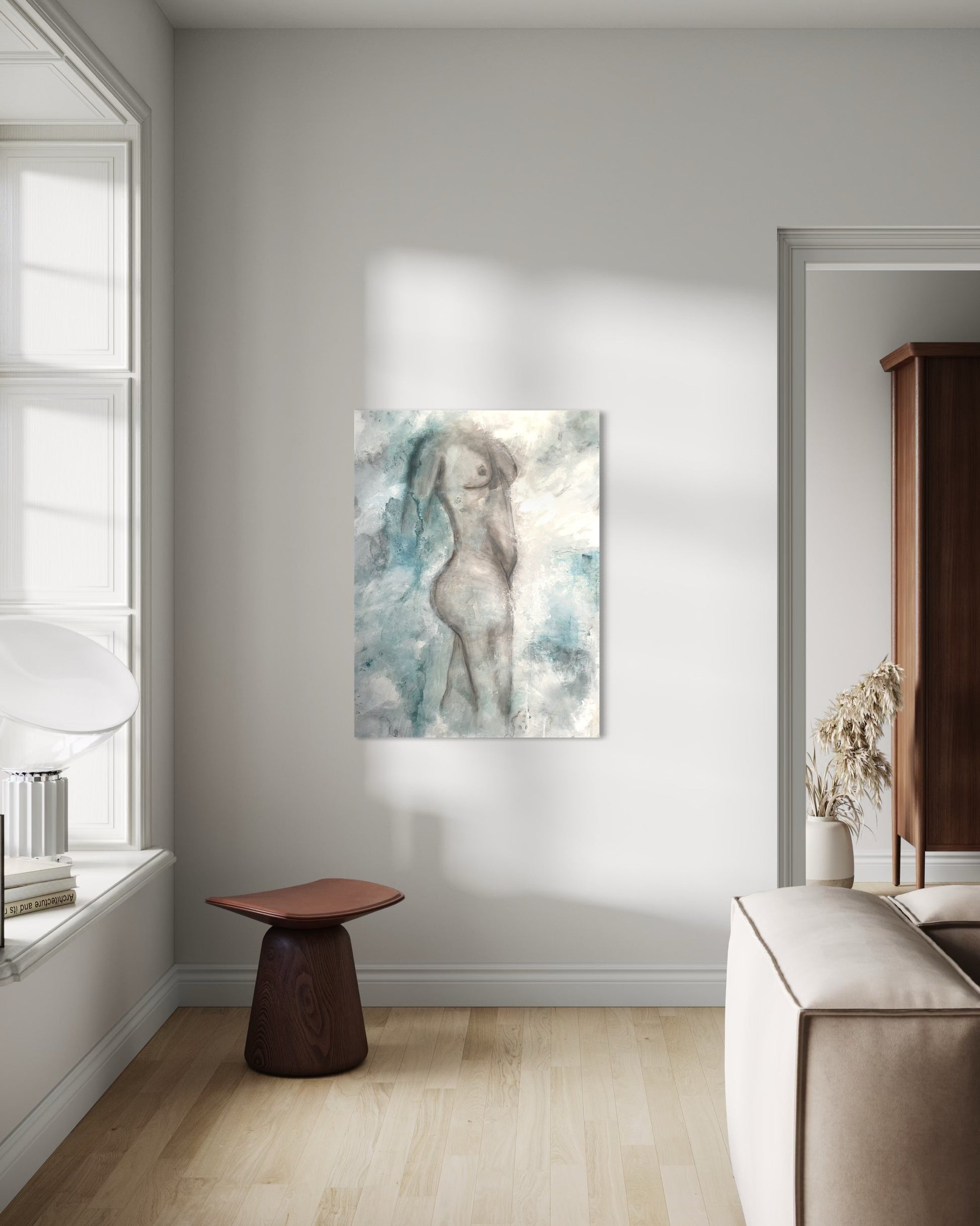 Nude painting of a women underwater, abstract background. By Adi Radai